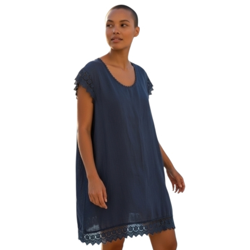 Carina Ricci Women's Linen Dress Lace Cap Sleeves & Hem Trim Blue Size 2X
